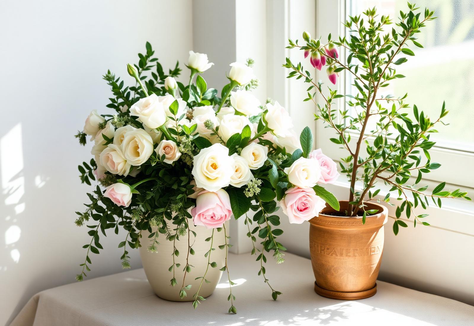 季節の花束と観葉植物